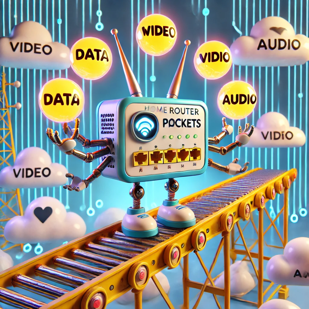 A whimsical and humorous depiction of a home router routing packets, illustrated as a little robot with arms and legs. The router is depicted juggling glowing packet-shaped orbs labeled 'Data,' 'Video,' and 'Audio' as it stands on a conveyor belt that represents the internet highway. The background features exaggerated digital clouds and a bright, cartoonish style. The scene is lighthearted and colorful, designed to evoke a sense of fun and technology working hard in a playful way.