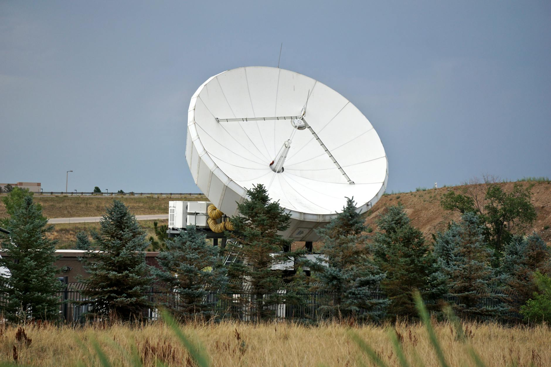 satellite and green trees under a clear blue sky