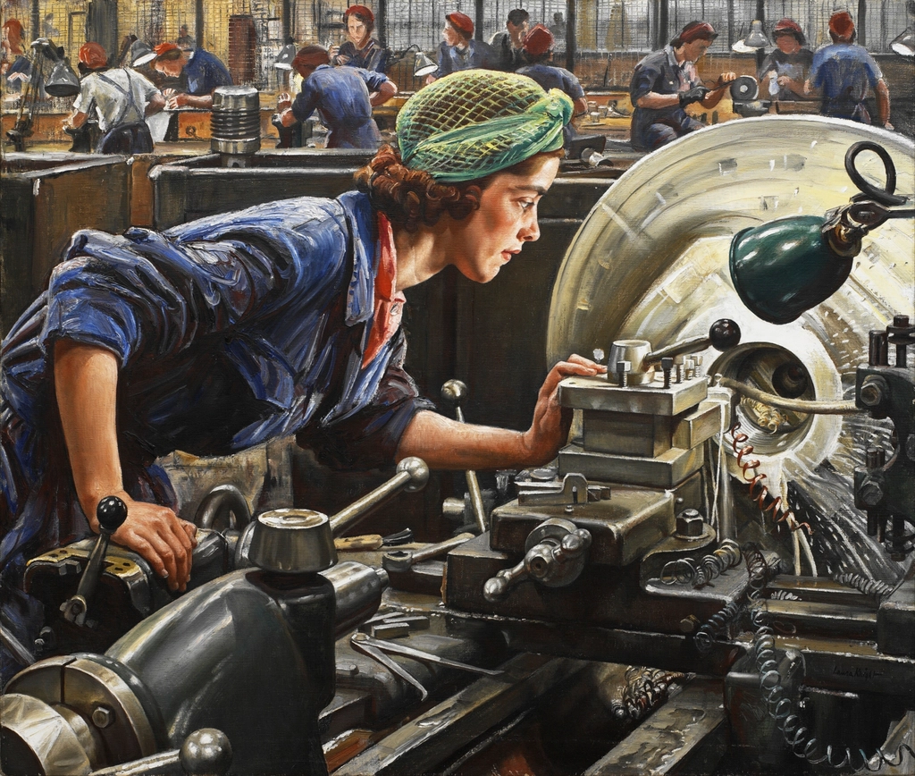 young factory worker blue overalls