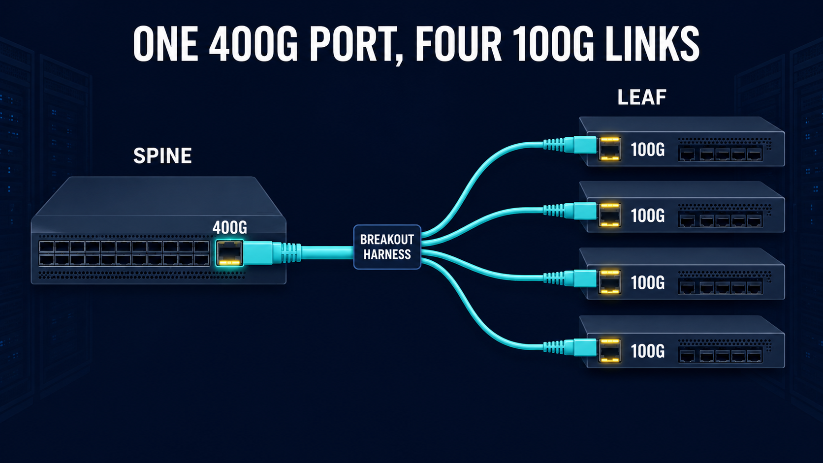 Diagram showing one 400G spine switch port breaking out into four 100G leaf switch links