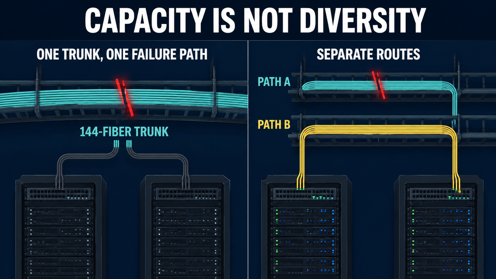 Comparison of one 144-fiber trunk with separate A and B fiber routes in a data center