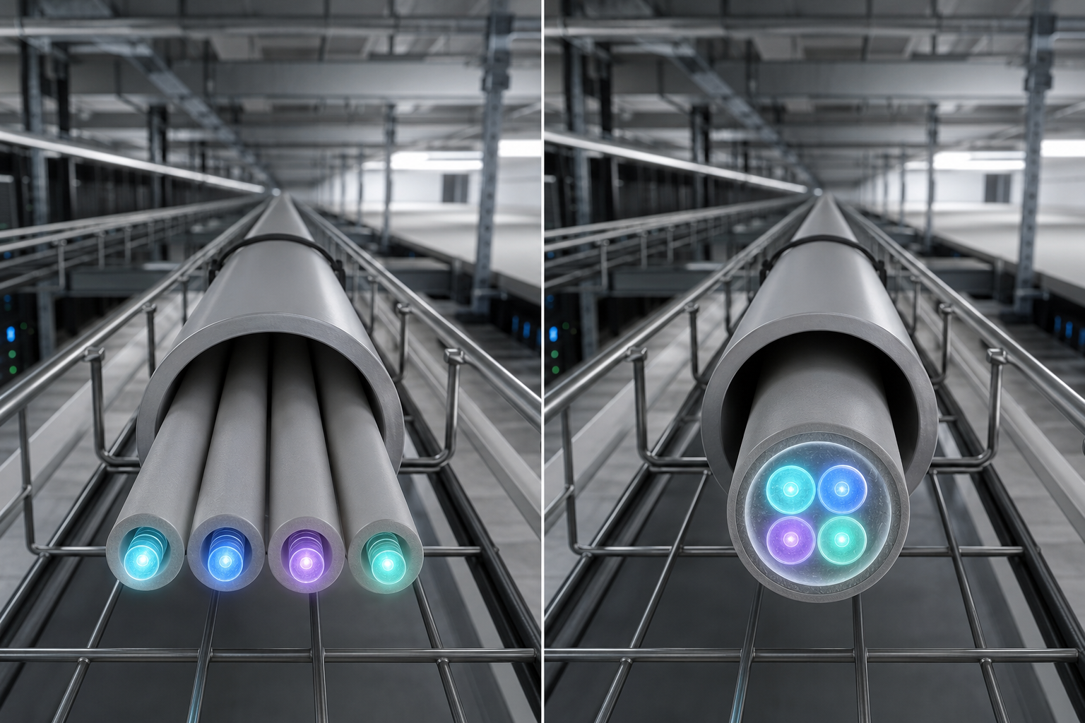 Four conventional fiber strands compared with one four-core fiber in the same conduit space.