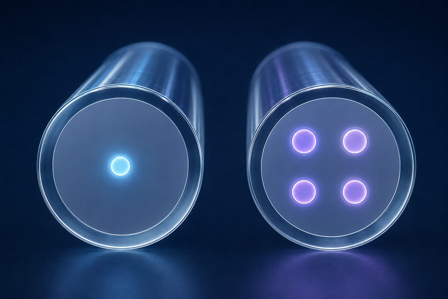 Conventional single-core fiber beside a four-core multi-core fiber of the same diameter.