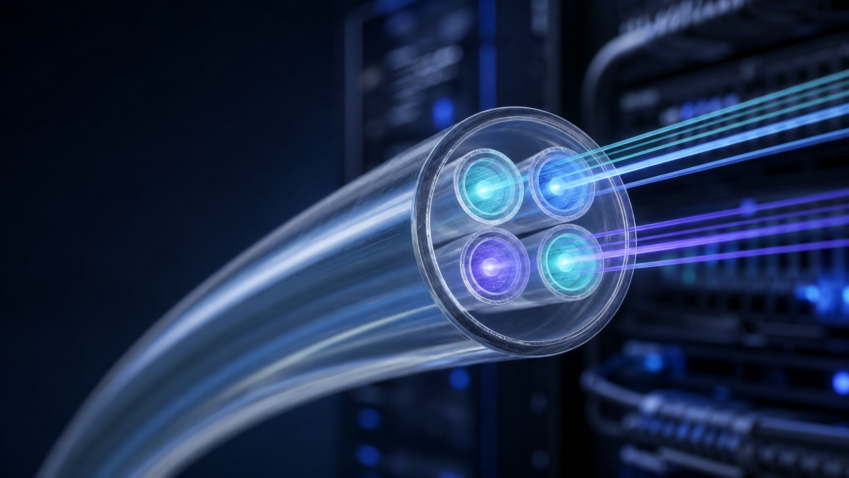Four-core multi-core fiber carrying separate optical signals inside one shared cladding.